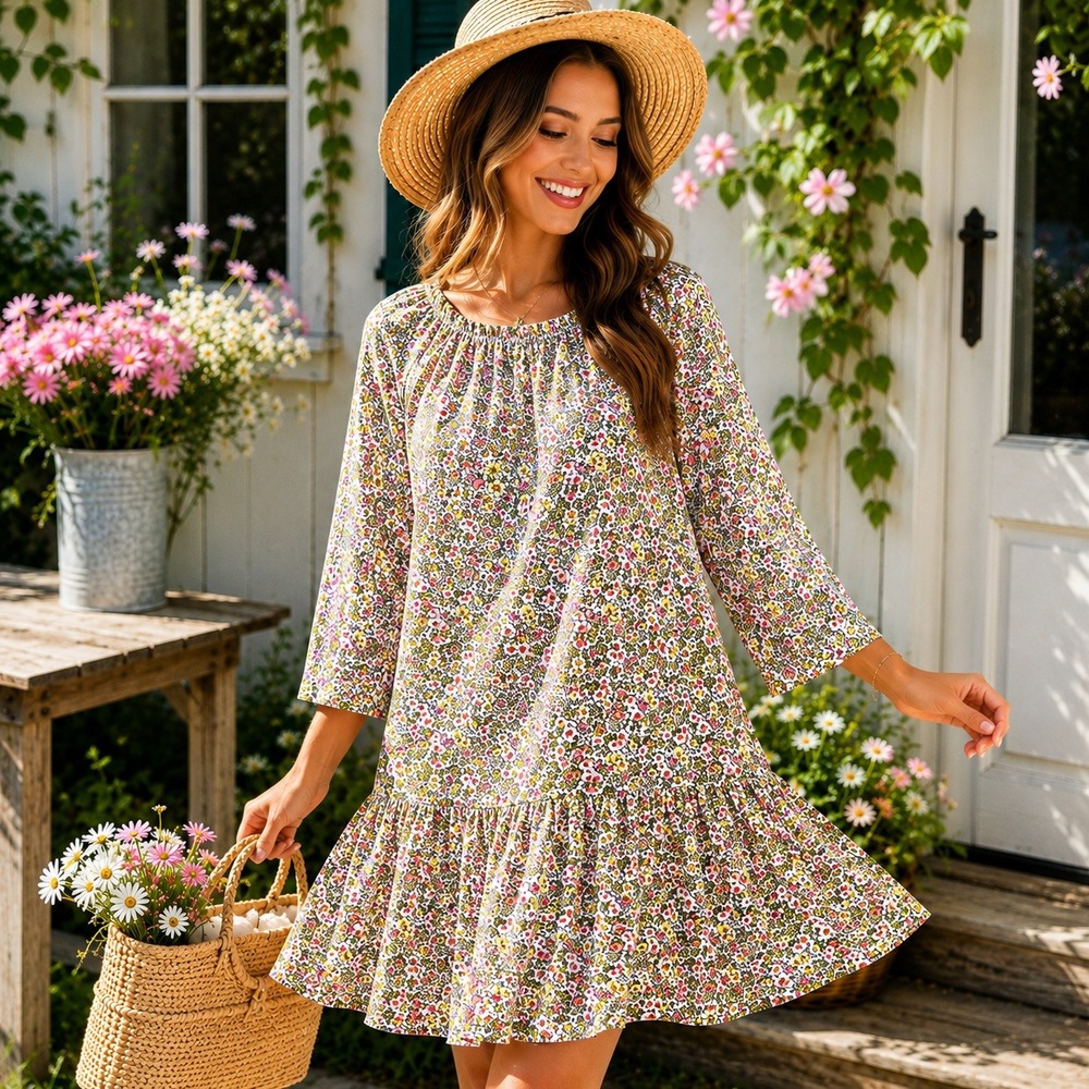 H&M Floral Drop Waist Dress Womens Small Pink Yellow Boho Cottagecore Ruffle Hem